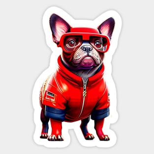 The Charismatic Frenchie: Racing in Red F1 Suit Sticker